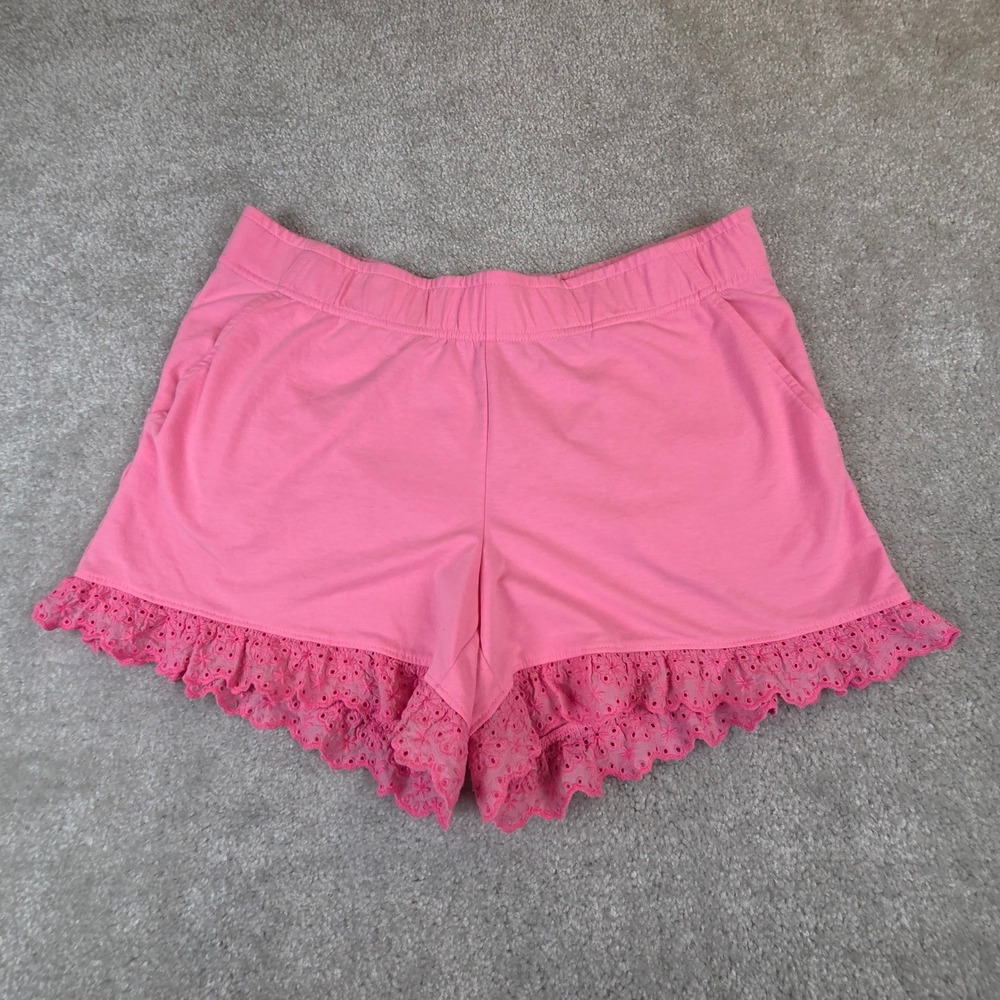 Lilly Pulitzer Pink Eyelet Ruffle Hem Lounge Shorts Womens Large Elastic Waist